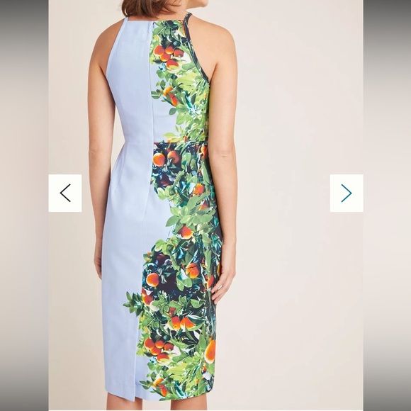Anthropologie Maeve Midi Dress 4p Orange Bough Sheath Stretch Blue High Neck - Picture 3 of 14